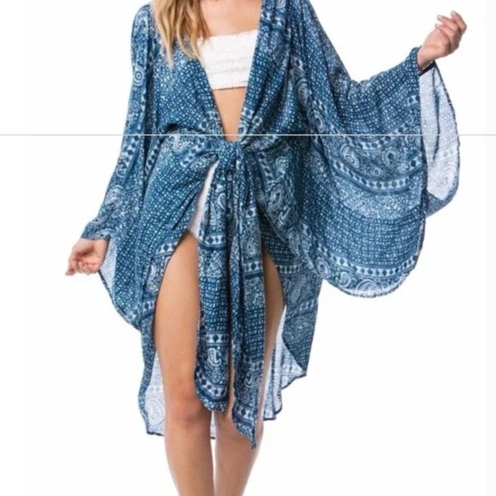 Amuse Society Evermore Blue Kimono Cardigan Swim Coverup Boho Kimono XS/S